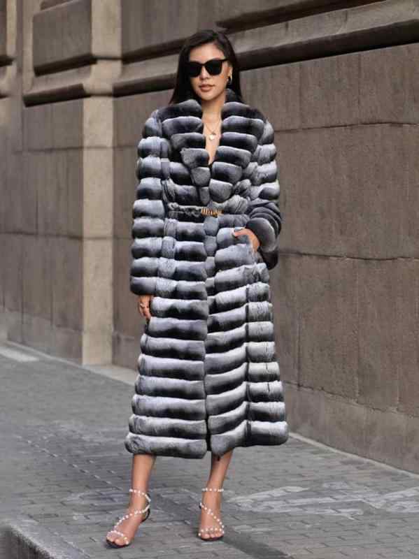 ファーコート レディース リアルファー ミンク風 ラビットファー ロング丈 Vネック カジュアル 秋冬 青紫藍 普段使い お出かけ