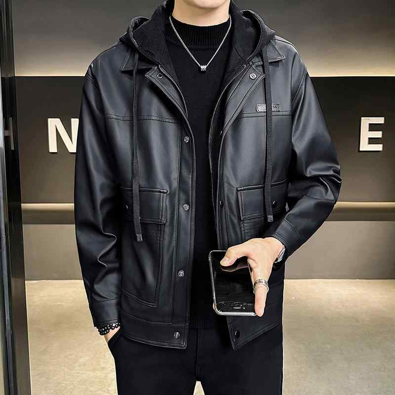 ジャケット 男性用 PUレザー 接触冷感 裏起毛 秋冬 黒 カーキ色 カジュアル スタイル 8,554円