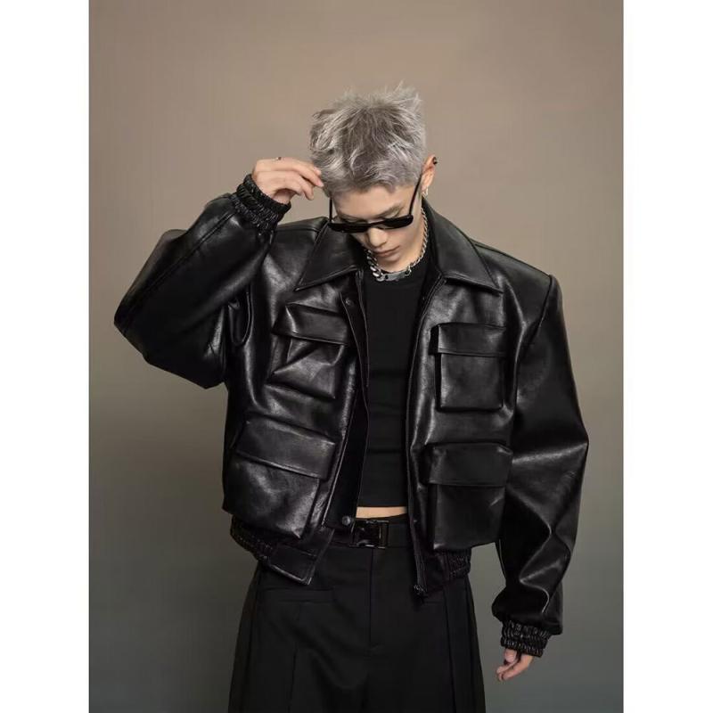 上衣 成人男性用 フェイクレザー 上衣 ゆったり 襟付き添い人 年月 アウター 心地よい 黒いこと 赤銅色 普段使い