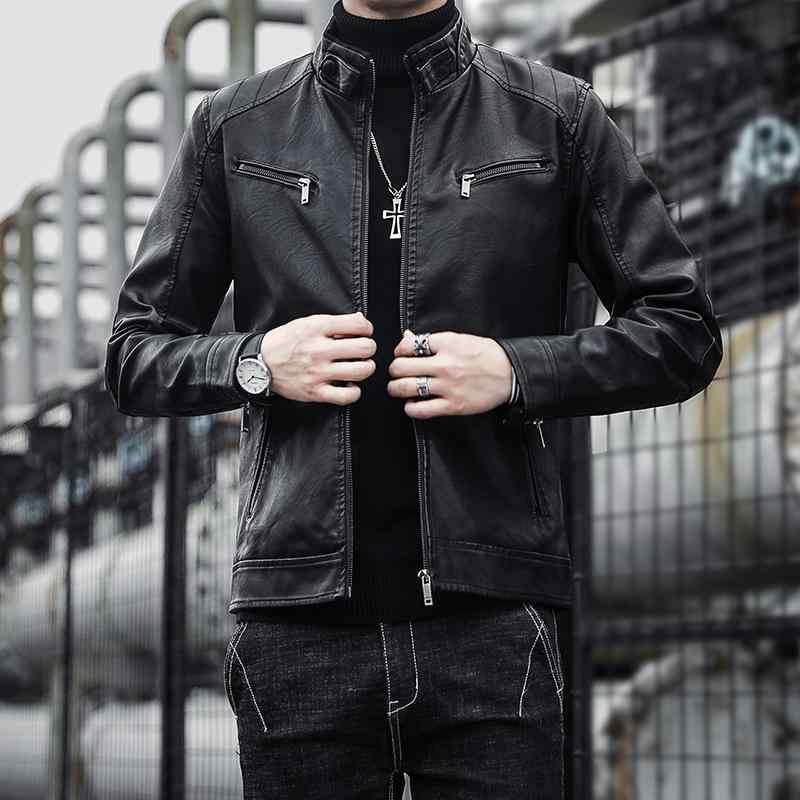 ジャケット 男性用 PUレザー バイクジャケット 立襟 防風 アウター 合皮 黒 赤 茶色 カーキ色 春秋