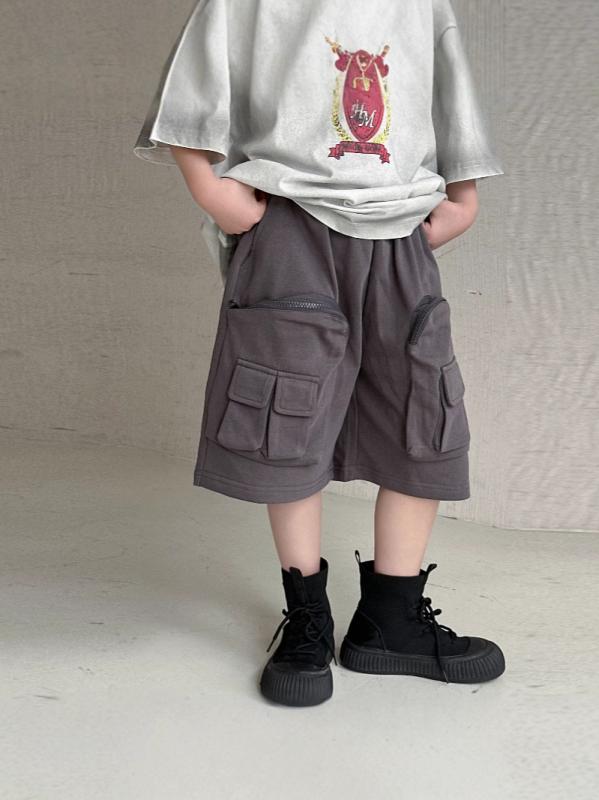 パンツ 男の子 子供服 カーゴパンツ ハーフパンツ 夏用 コットン 混紡 伸縮性 ウエストゴム グレー