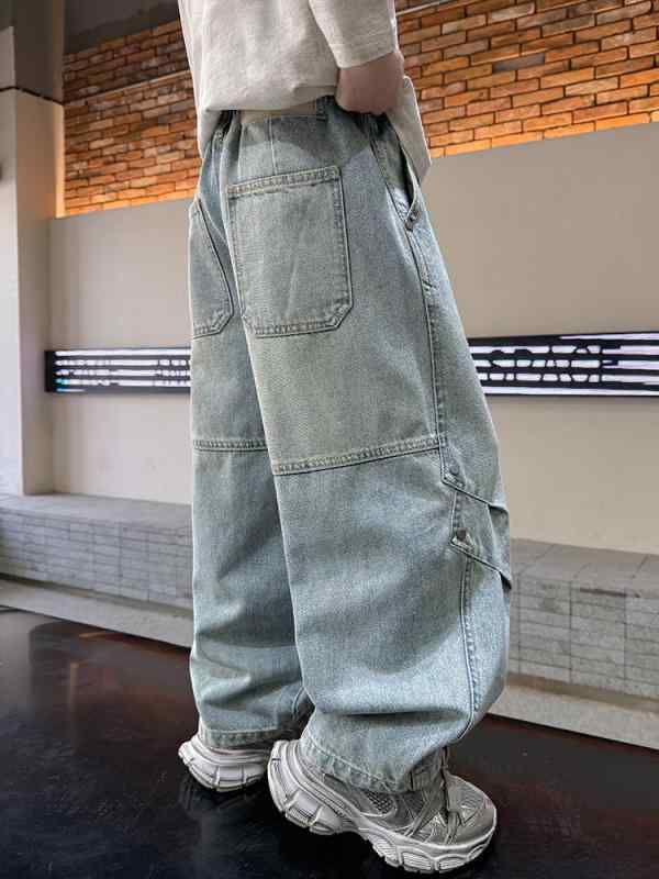 キッズ デニムパンツ 男の子 子供服 ジーンズ 長ズボン 春秋 中厚手 コットン 普段着 ブルージーンズ 切り替え