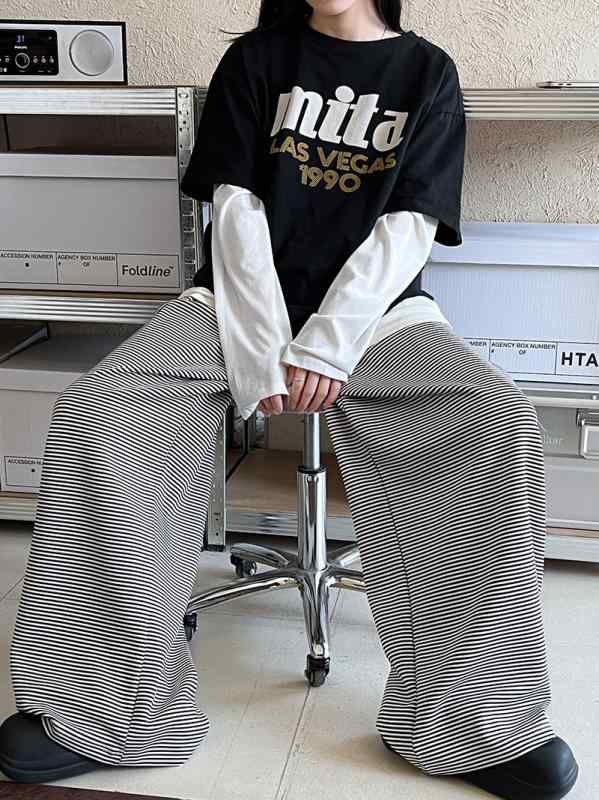パンツ レディース ストライプ柄 ワイドレッグパンツ 春夏 高腰 伸縮性 ドローストリング 運動着 リラックス ストレートパンツ ロングパンツ 綿