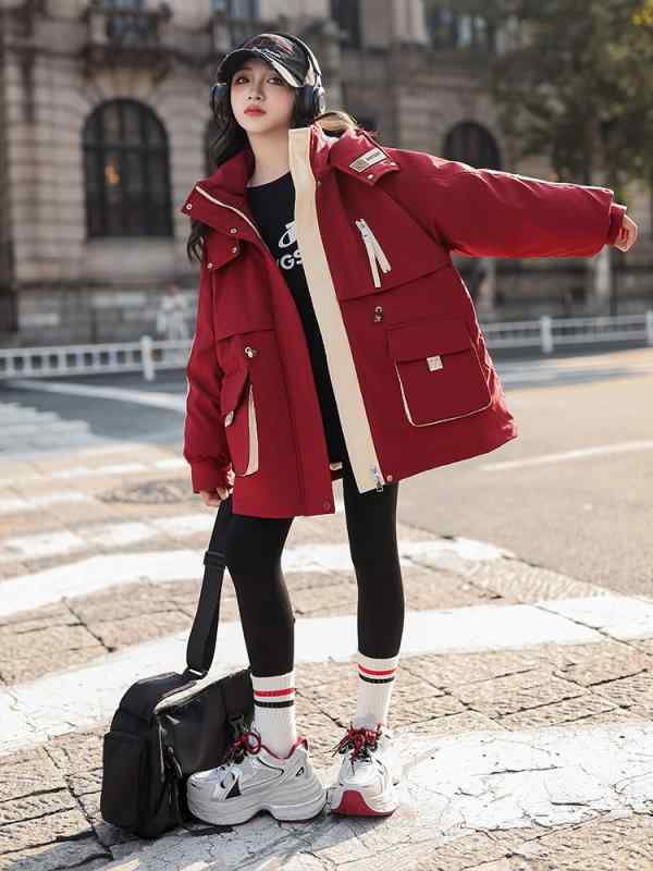 子供服 ガールズ ダウンジャケット 秋冬 中綿 コート パーカー フード付き 女の子 アウター ゆったり 厚手 防寒 撥水 あったか カジュアル かわいい 通学 普段使い ブラック レッド 120cm 130cm 140cm 150cm 160cm 17