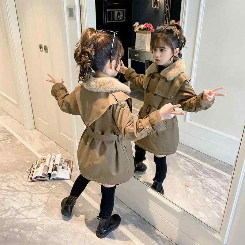 子供服 アウター 女の子 秋冬 中綿入りジャケット 裏起毛 パーカー フード付き ロング丈 厚手 防寒 カーキ色 レッド 130cm 140cm 150cm 160cm