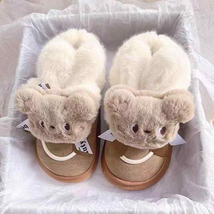 スノーブーツ レディース かわいい 小熊 フラットヒール 厚底 防寒 あったか ショートブーツ 冬 靴 カジュアル 婦人靴 ぺたんこ 軽量 ベージュ コーヒー色