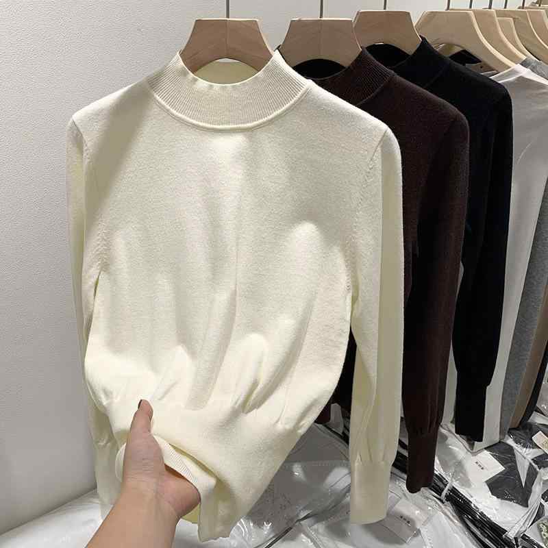 Tシャツ レディース 秋冬 ニット トップス 長袖 半高襟 無地 きれいめ 上品 スリムフィット プルオーバー エレガント 通勤 オフィス カジュアル 普段使い ポリエステル