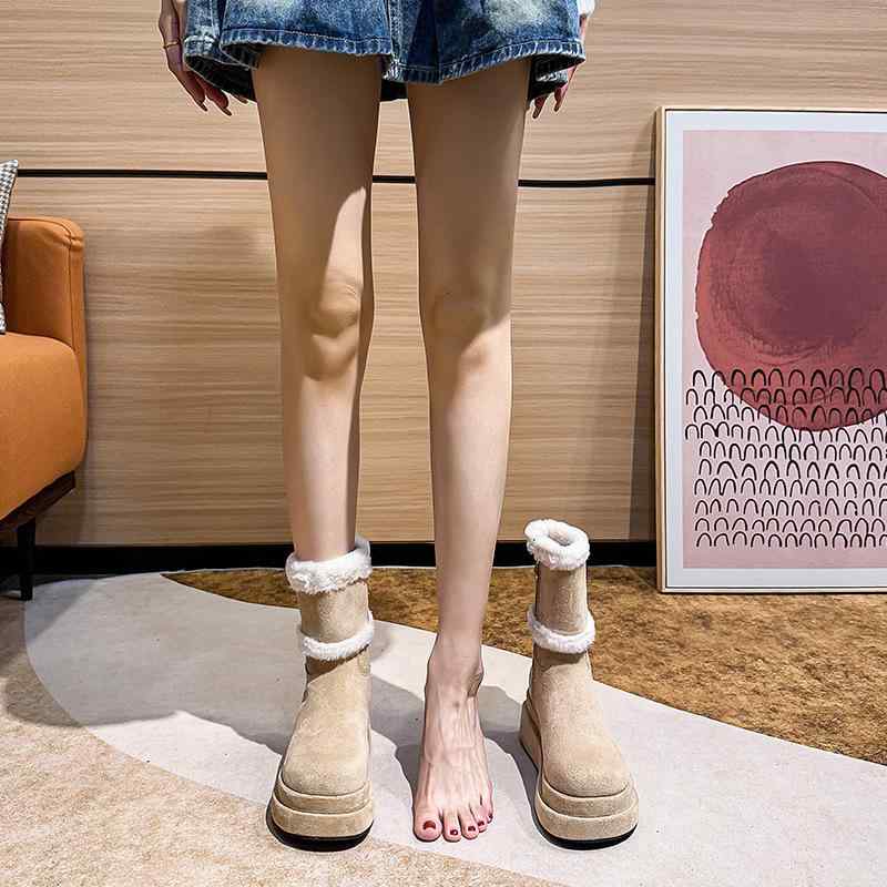 靴 レディース 秋冬 厚底 スノーブーツ ムートンブーツ 防滑 保暖 牛革 abrasion ラウンドトゥ 中丈 ミドル丈 普段使い 韓国風 杏色画像