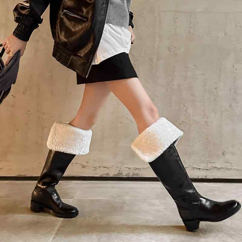 ブーツ レディース ニーハイブーツ 秋冬 スノーブーツ ラウンドトゥ 牛皮 太踵 生あたたかい 防寒 あったか 裏ボア 心地よい 2WAY 折りかえし 黒いこと 黒 赤銅色 赤銅色