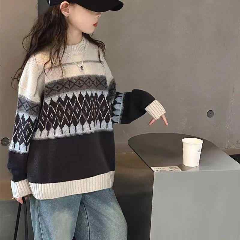子供服 ニット トップス 秋冬 長袖 切り替え バイカラー 暖か カジュアル 丸首 トレーナー