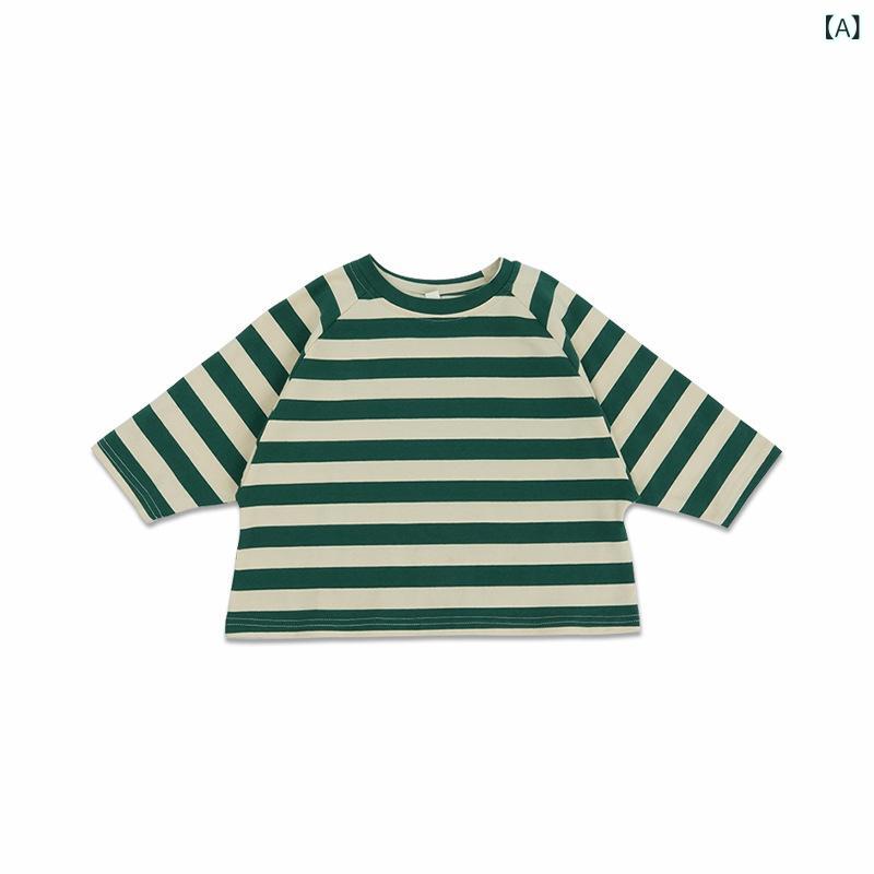 Tシャツ キッズ 長袖 春秋 男女兼用 ストライプ柄 カットソー 子供服 かわいい ドロップショルダー ラウンドネック トップス 綿100% 80cm 90cm 100cm 110cm 120cm 130cm