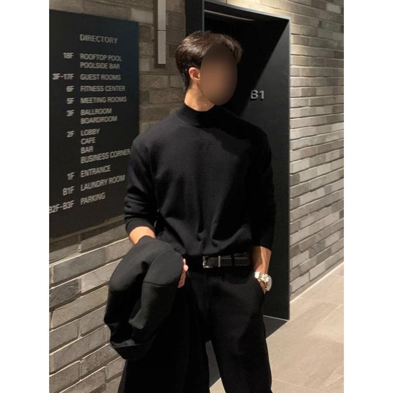 ニット メンズ 男性用 トップス ハーフネック 長袖 プルオーバー 無地 秋冬 普段使い 韓国風 ゆったり 伸縮性 ポリエステル ブラック ホワイト グレー ブラウン