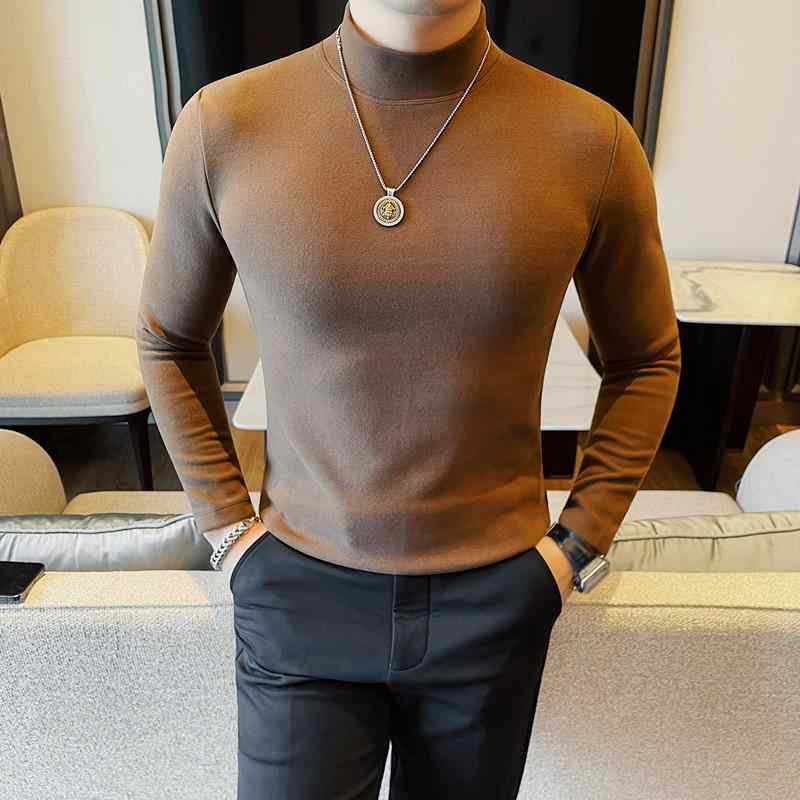 Tシャツ メンズ 男性用 ハーフ ハイネック カットソー 長袖 無地 厚手 スリムフィット トップス 秋冬 普段使い 韓国風 ポリエステル94% スタイル