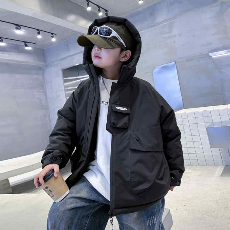 子供服 ダウンジャケット 男の子 冬用 アウター 韓国風 キッズ 冬服 中学生 高学年 厚手 フード付き 120cm 130cm 140cm 150cm 160cm 170cm ブラック レッド