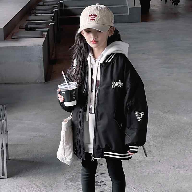 子供服 ジャケット 女の子 野球服 アウター トップス ブルゾン ジャンパー Vネック 無地 長袖 普段着 ポリエステル 秋 ブラック 120cm 130cm 140cm 150cm 160cm 170cm