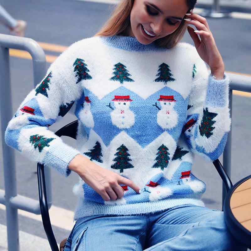 セーター レディース ニット クリスマス 雪だるま ジャガード プルオーバー 秋冬 ゆったり 暖かい 長袖 丸首 厚手 ピンク系 ブルー系