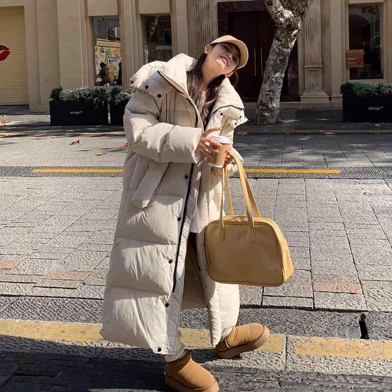 ダウンジャケット レディース フード付き 超ロング丈 中綿 コート アウター 冬服 暖かい 防寒 黒 グレー オレンジ ベージュ 80-155斤