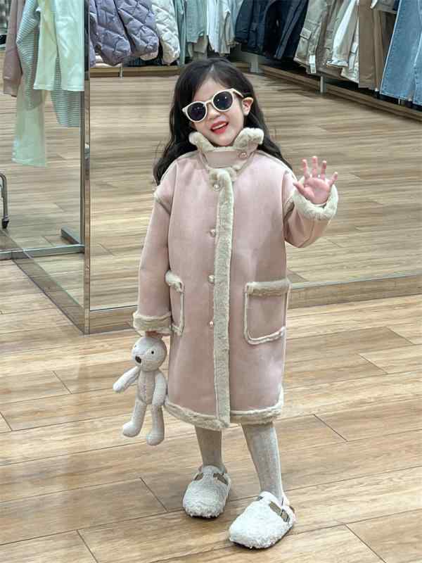 子供服 女の子 アウター コート スエード調ボアコート 厚手 防寒 立襟 無地 長袖 ロング丈 秋冬 ピンク系