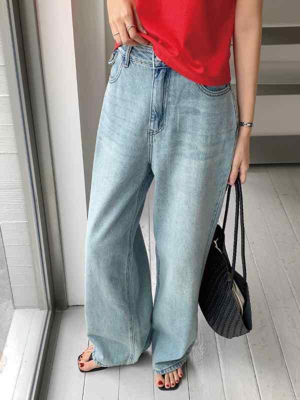 レディース 牛仔パンツ 直筒型 長ズボン 高腰 デニム 洗い加工 中厚手 ブルー 切り替えデザイン 韓国風 カジュアル 普段使い ゆったりシルエット ビッグレッグ 復古スタイル 伸縮なし 綿95%以上 水洗い素材 日韓レジャー