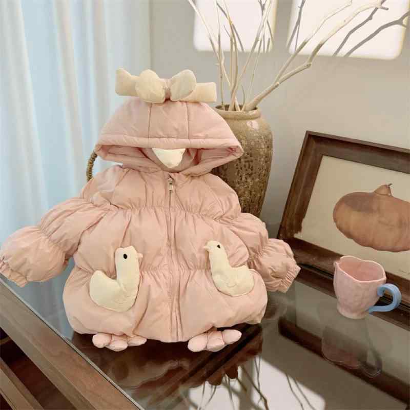 子供服 アウター 女の子 中綿 コート かわいい アヒル アップリケ フード付き ジャケット 防寒着 厚手 ピンク 59 80 90 100 110 120