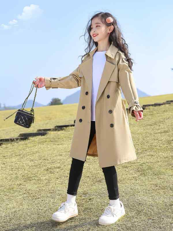 子供服 ジャケット 女の子用 春秋物 トレンチコート 中 длинный丈 アウター カーキ色