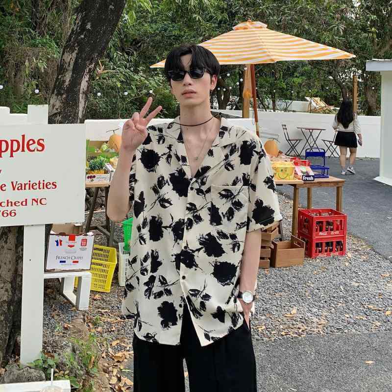 メンズ シャツ トップス 短袖 花柄 方領 港風 復古 韓国風 夏 春夏 化繊混紡 ポリエステル 免・聞 軽量 吸湿速乾 ゆったりシルエット 日常 普段使い カジュアル 休日 杏色 緑 青年向け 情?共有 トレンド