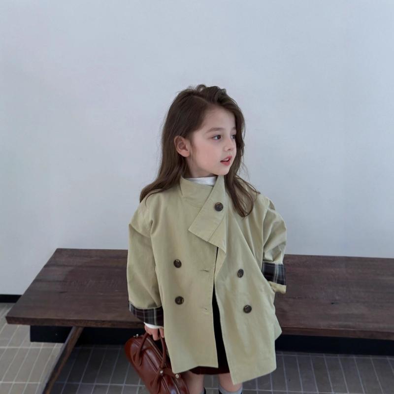 キッズ風衣 女の子 ダブルボタン ミドル丈 ジャケット 子供服 トップス 立襟 無地 韓国風 かわいい ガールズ アウター 綿 秋 春秋 通園 通学 普段着