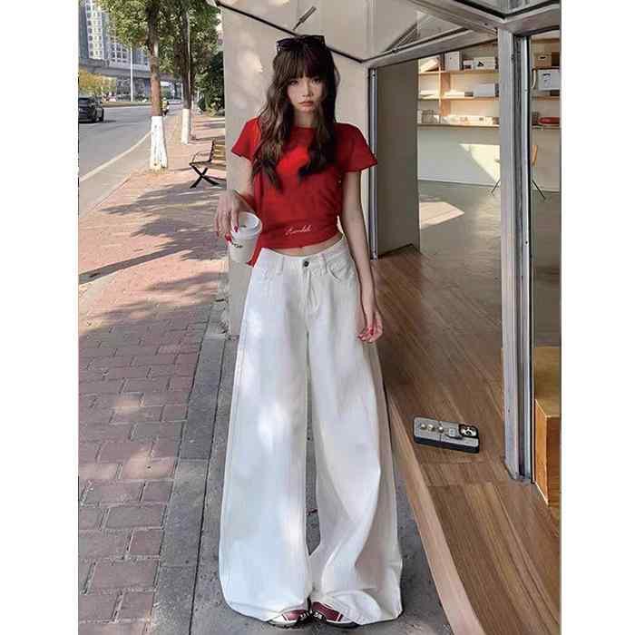 デニムパンツ 女性用 春夏 高腰 ワイドレッグ スリム コットン テンセル 再生繊維 ミックス ロング丈 ボタン デザイン 洗い加工 ライトブルー 無弾性 軽量 通勤 普段使い カジュアル スタイル ファッション アイテム