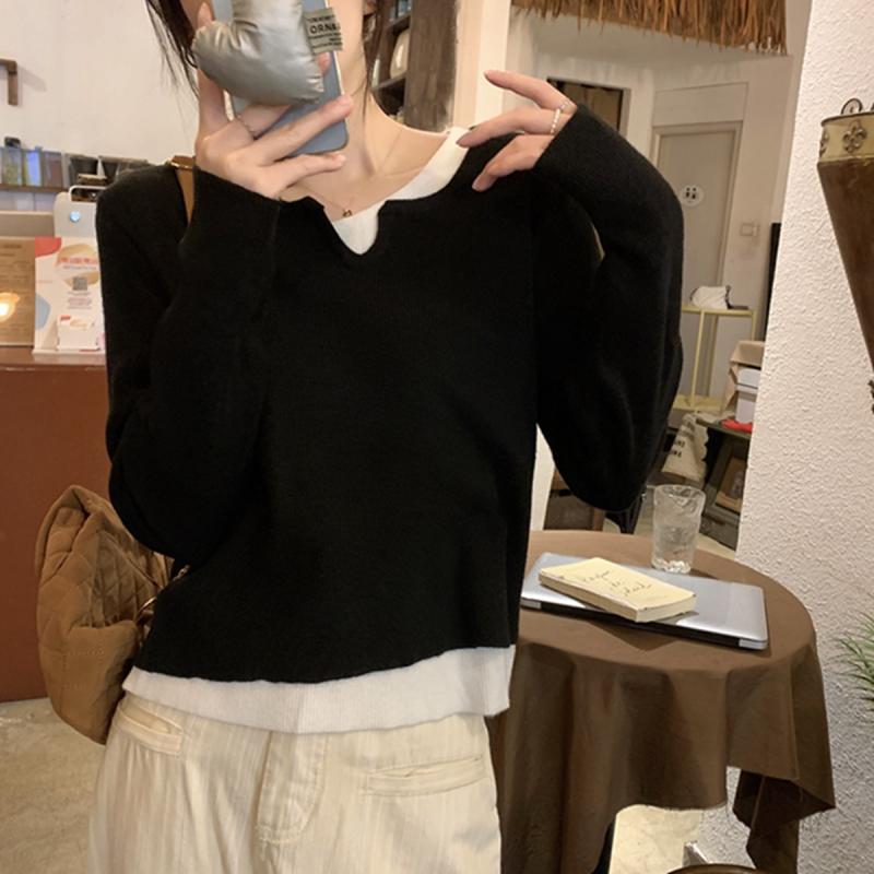 ニット レディース 秋冬 インナー トップス 長袖 配色 切り替え 体型カバー ゆったり ラウンドネック プルオーバー カジュアル きれいめ かわいい 韓国風 通勤 普段使い レイヤード