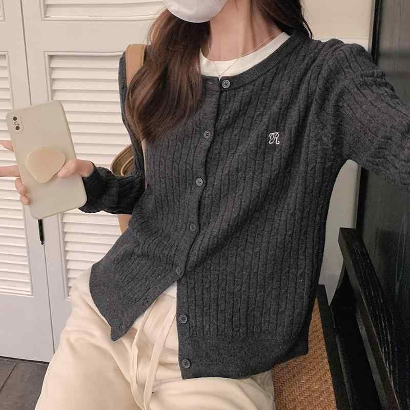 カーディガン レディース 韓国風 ニット 秋冬 トップス ゆったり 刺・墸 ラウンドネック 長袖 羽織り ガーリー かわいい カジュアル 深灰 高級グレー クラウドアプリコット