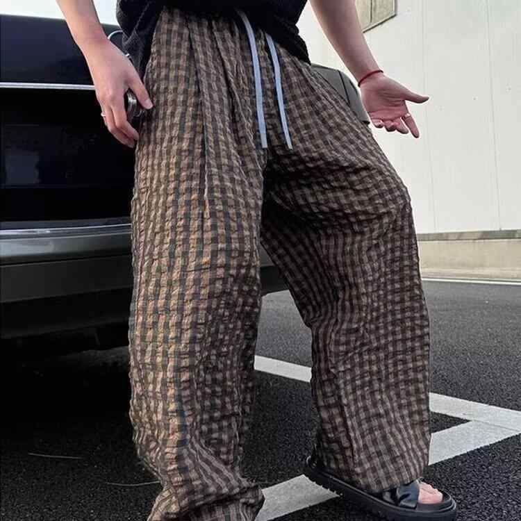 メンズ カジュアルパンツ 韓国風 薄手 コットン混紡 ストレート 格子柄 普段使い 春秋 伸縮性なし グレー コーヒー色
