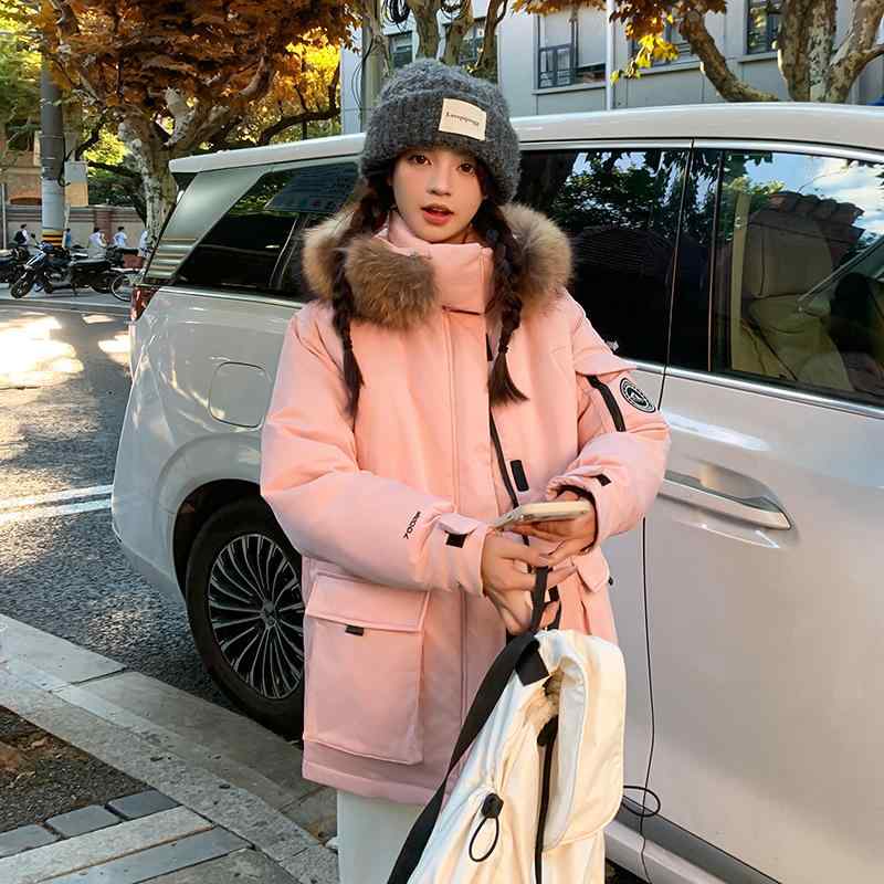 綿服 レディース 大毛領 アウター 韓国風 ゆったり 朦々たる 真っただ中丈 幾何学学飾りつけ 毛革 通い 黒いこと 象牙色 サクラ色 M L XL XXL 秋冬