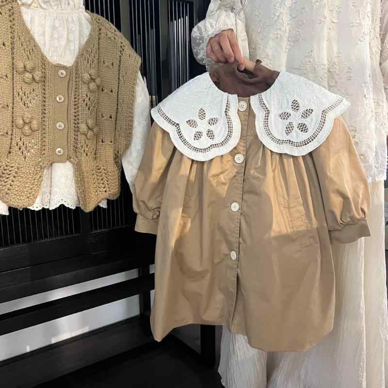 子供服 女の子用 アウター チュールレース フリル襟 ミドル丈 コート 秋物 普段着 お出かけ着 かわいい 公園着 ガールズ