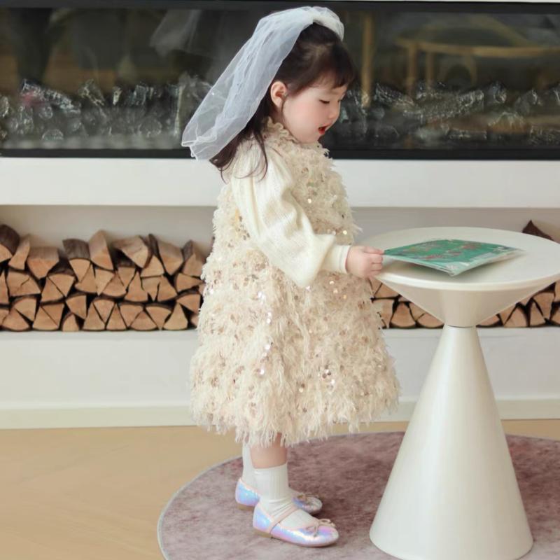 子供服 ニット セットアップ 背心裙 秋冬 女の子用 ランタンスリーブ セーター ノースリーブワンピース 2点セット かわいい ガールズ ウエア ミドル丈 普段着 ベージュ系