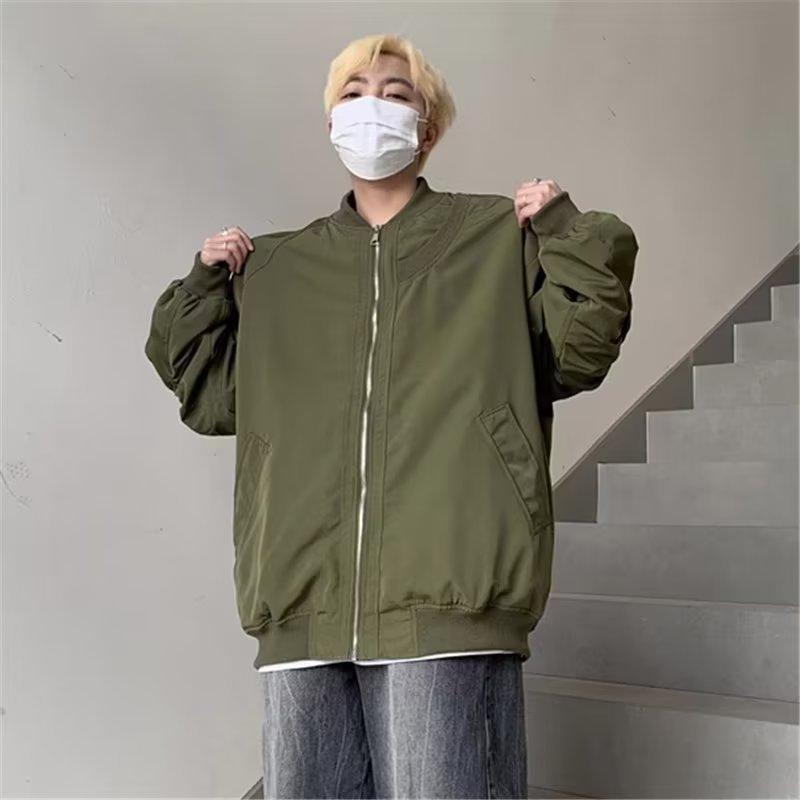 ジャケット 男性用 ベースボール 春秋 美品 レトロ トレンド カジュアル ゆったり フライト ジャンパー アウター 緑色 灰色 黒色 ポリエステル 無地