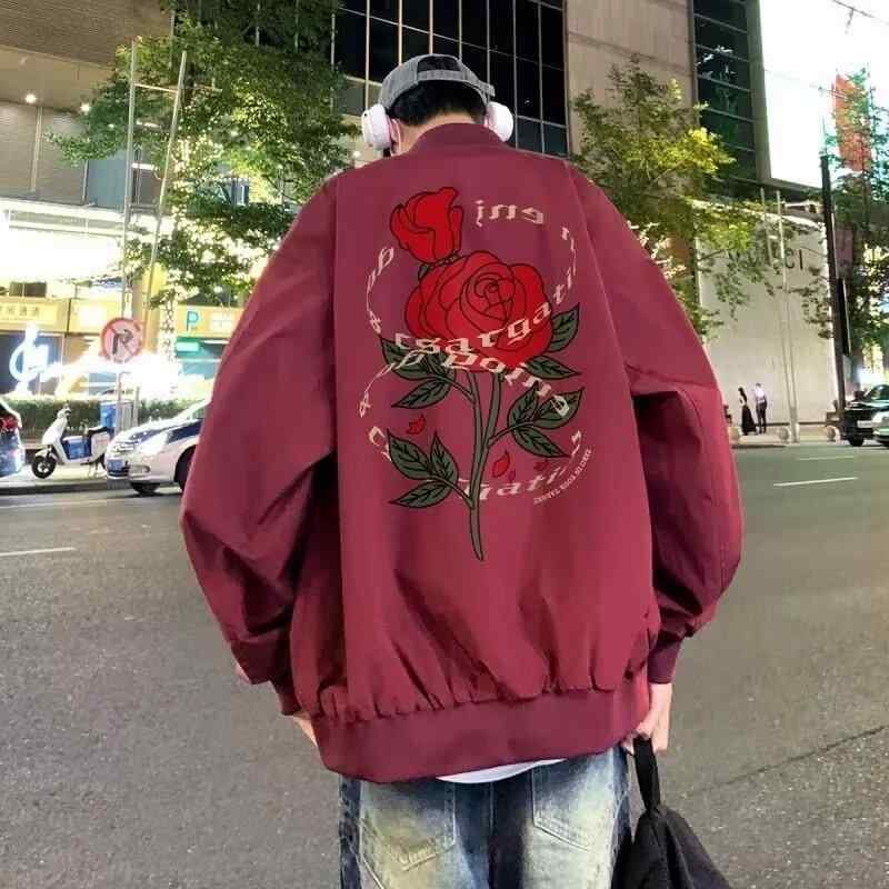 ジャケット 男性用 春秋アウター ブルゾン ワインレッド フライトジャケット MA-1 スタジャン 薔薇 バラ柄 プリント カジュアル ストリート 韓国ファッション