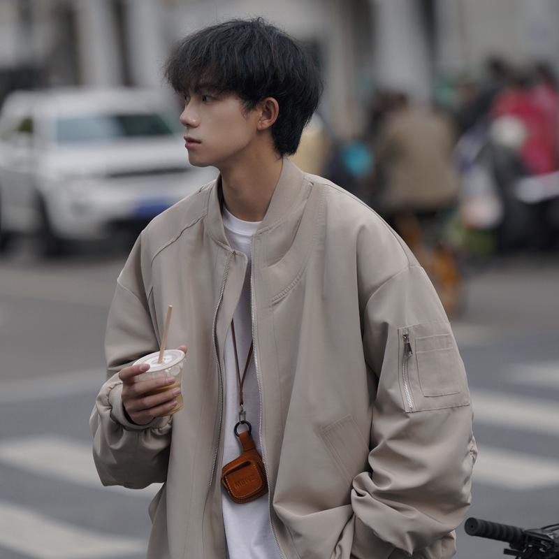 フライトジャケット 男性用 春秋 ブルゾン ゆったり 襟付き ポリエステル 無地 ブラック グレー グリーン