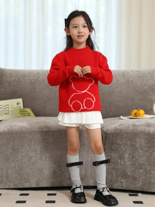 編み物 赤ちゃん服 秋冬 新作 鉄道車両声の調子柄 羊毛100% 男女兼用 中大 キッズ 韓国風 小熊柄 ジャカード スウェーター 朦々たる 大紅色 深薄墨色 松石緑