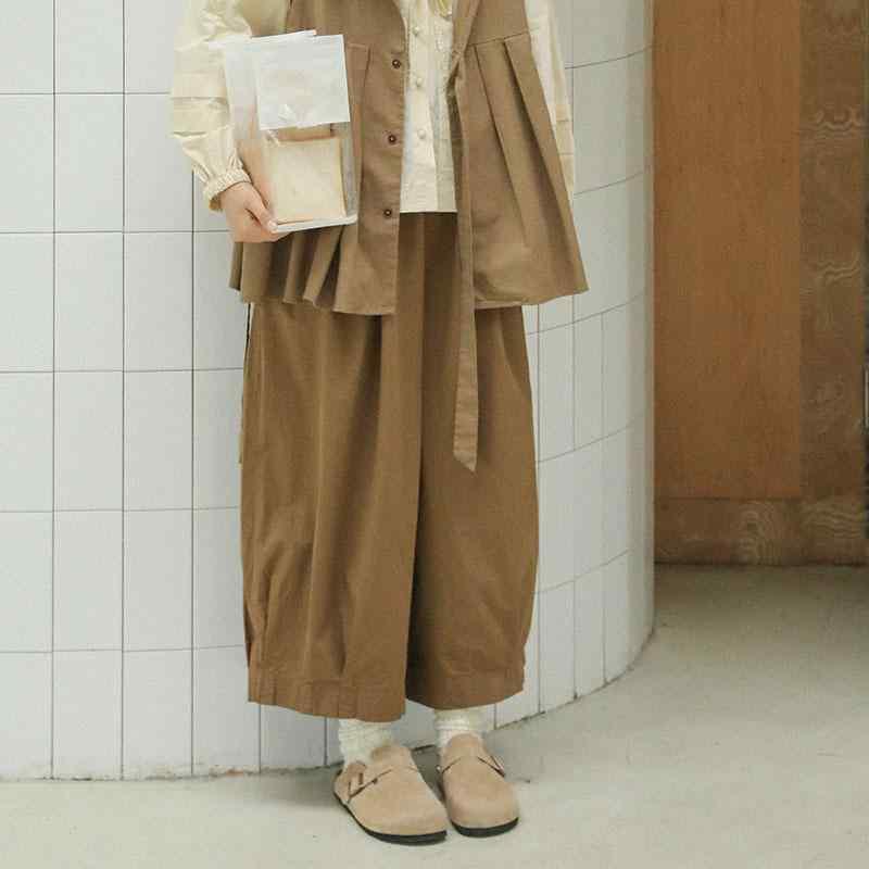 秋冬 女性用 灯?パンツ 九分丈 ワイドレッグ ゆったり デザイン 韓国風 日常使い コットン 混紡 ストレッチ 高腰 ミドル厚 ポケット 切り替え カーキ ベージュ 快適 リラックス シルエット ルーズフィット