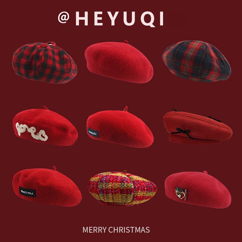 ベレー帽 レディース 秋冬 帽子 大?? 小?効果 ウール 紺色 格子柄 赤色 リボン クリスマス