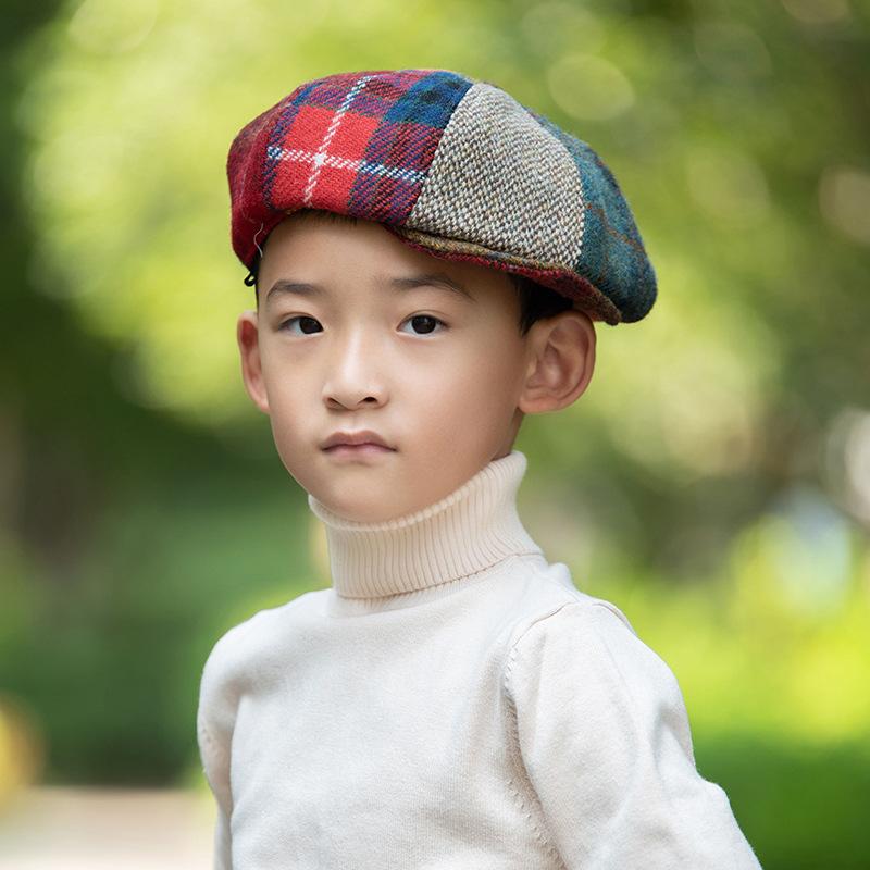 ベレー帽 キッズ 秋冬 ハリスツイード ウール レトロ 画家帽 幾何学模様 切り替え 保温 8歳 9歳 10歳
