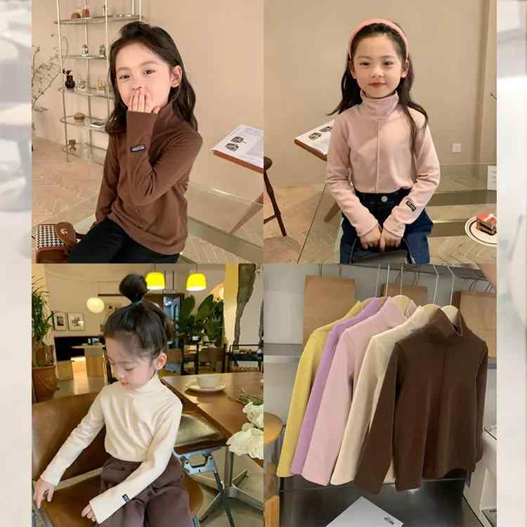 カットソー ガールズ 子供服 長袖 秋冬 裏起毛 暖かい ハイネック ポリエステル 無地 黄色 ピンク 紫色 米白色 コーヒー色