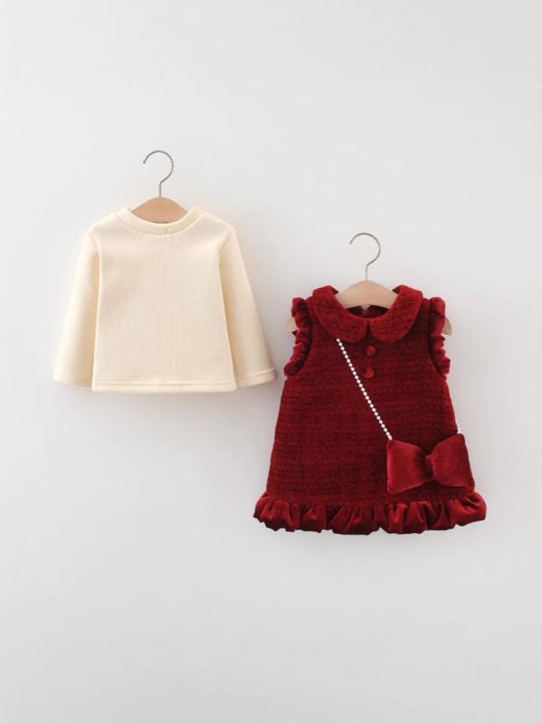 キッズ 女の子 ワンピース セットアップ 冬物 裏起毛 子供 女児 ベビー服 おしゃれ かわいい プリンセス ジャンパースカート 2点セット 学院風 ワインレッド