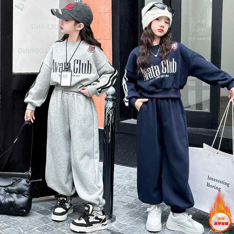 子供服 ガールズ 秋冬 裏起毛 セットアップ 韓国風 ゆったり ロゴ スウェット クロップド丈 ワイドレッグパンツ 長ズボン 普段着 部屋着