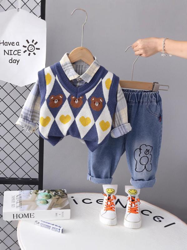 キッズ 服 3点セット 春秋 ベビー 子供服 長袖 トップス パンツ かわいい クマ柄 韓国風 普段着 部屋着 青 緑 80 90 100 110 120