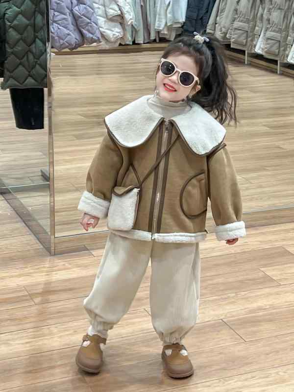 子供服 アウター 韓国風 ボアジャケット 大襟 裏起毛 暖かい ジップアップ ジャケット バッグ付き ガールズ 女の子 冬