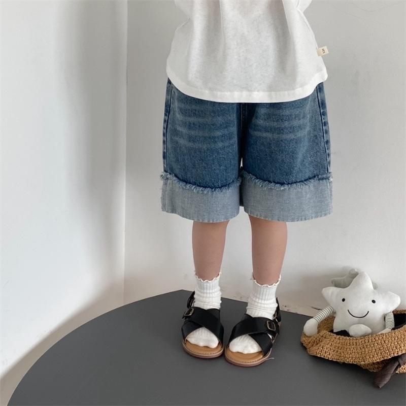 キッズ デニム ハーフパンツ 男女兼用 ベビー 子供服 コットン ダメージ加工 短パン ミドル丈パンツ ブルマ 夏