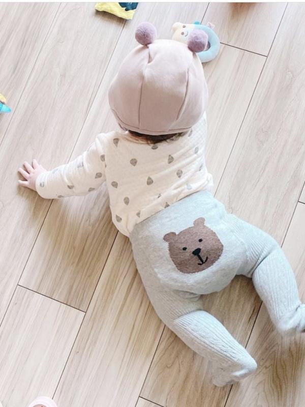 子供服 レギンス ベビー 高弾力 綿 秋冬 幼児 男の子 女の子 ズボン スパッツ かわいい 小熊 くま アニマル柄 インポート風 グレー 紺 白 紫