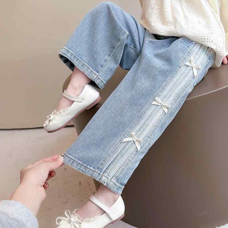 子供服 デニムパンツ 春秋 女の子 ジーンズ カジュアル ストレート ロングパンツ 幼児 小学生 90 100 110 120 130 140cm 蝶結び付き