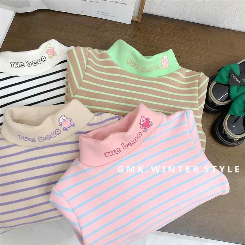 Tシャツ キッズ 長袖 秋冬 裏起毛 子供服 ベア ストライプ柄 トップス カットソー 春秋 かわいい 普段着 韓国風 黒 白 ピンク 青